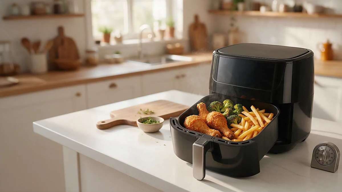 Kihúzott airfryer-kosár csirkecombbal, brokkolival és hasábburgonyával egy világos konyhapulton