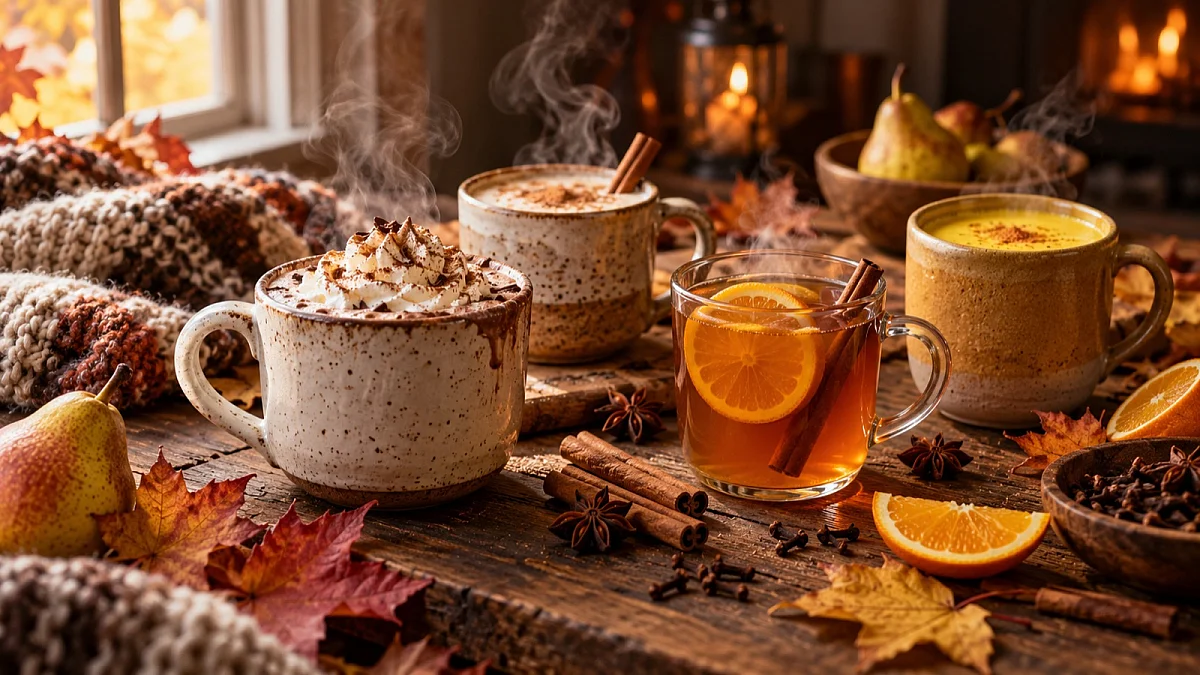 Gőzölgő forró csokoládé, sütőtökös latte, narancsos tea és aranytej őszi asztalon.