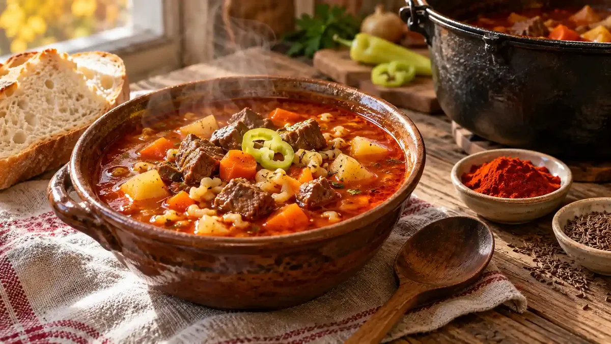 Hagyományos gulyásleves: hús, fűszerezés, főzési idő