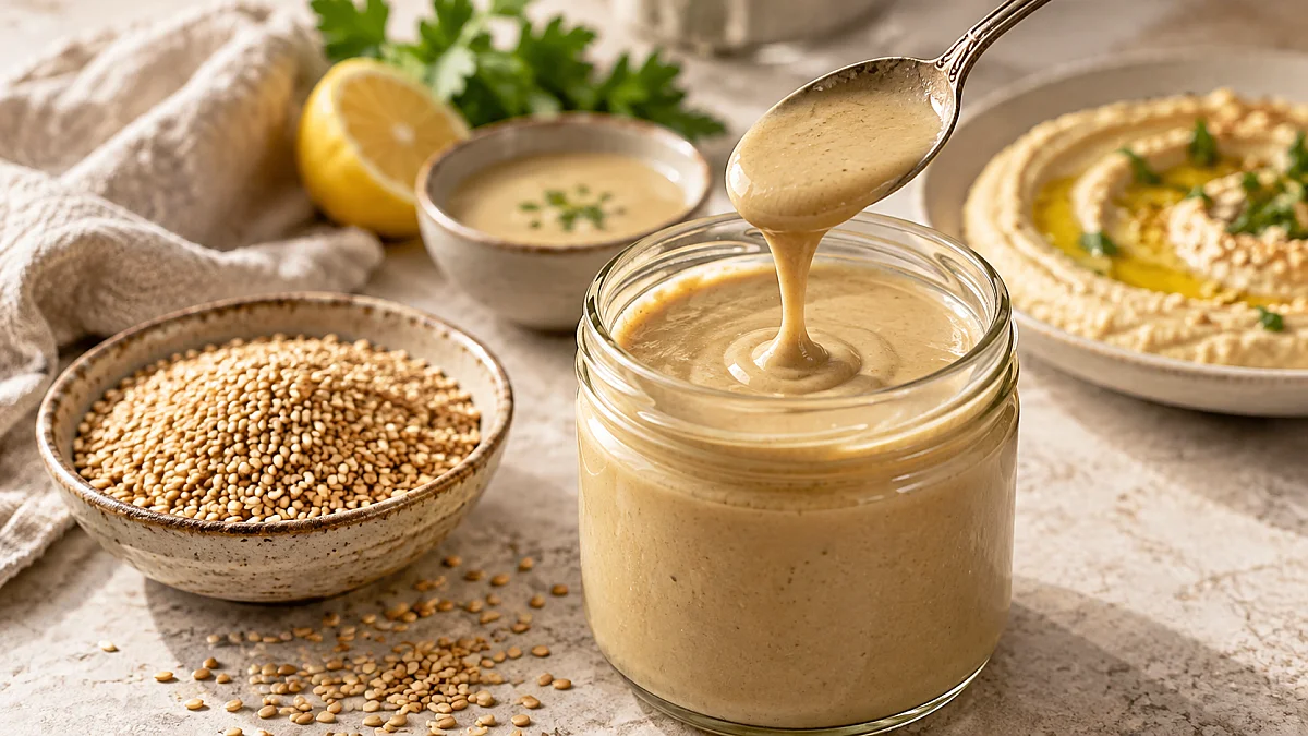 Selymes házi tahini üvegben, pirított szezámmaggal és hummusszal.