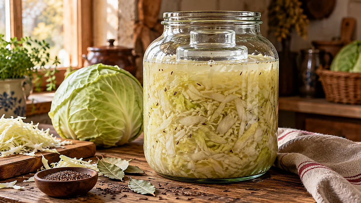 Házi savanyú káposzta erjed egy nagy befőttesüvegben.