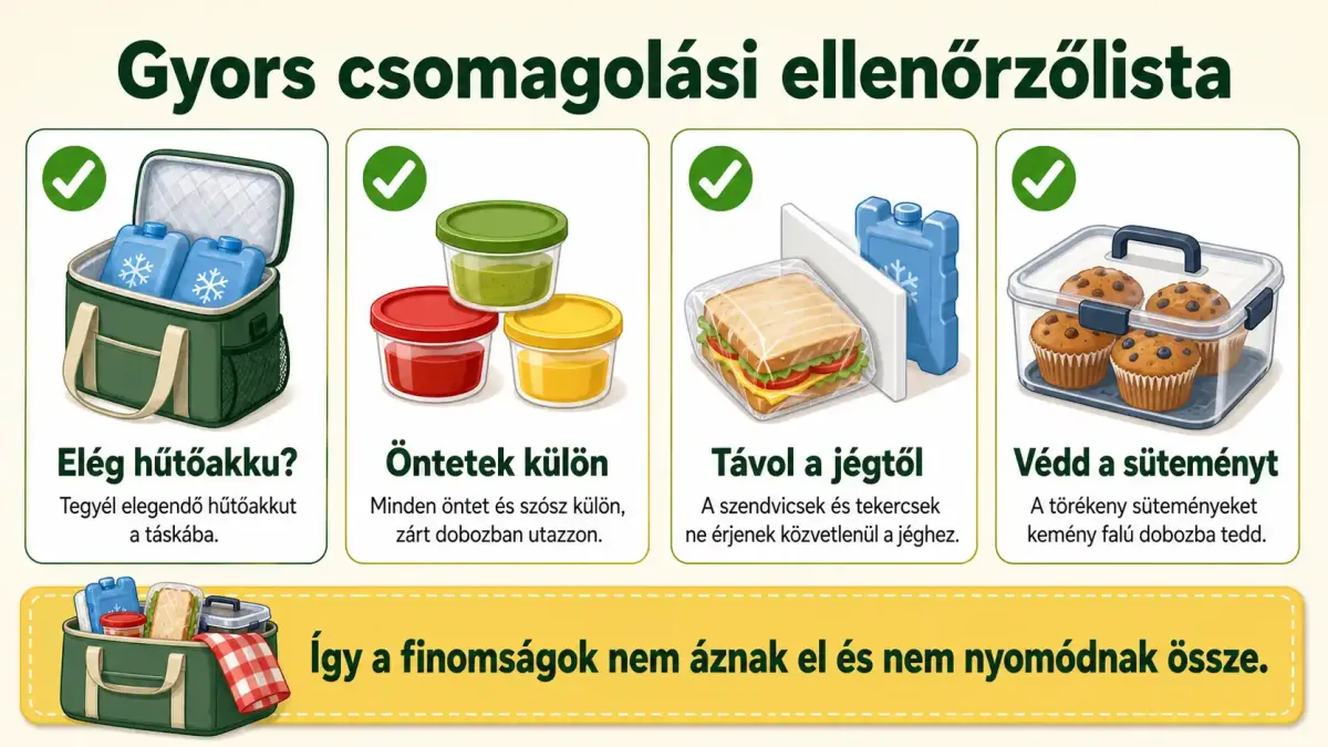 Gyors csomagolási ellenőrzőlista Mielőtt elindulsz, érdemes egy gyors mentális (vagy akár papíralapú) listát végigfutni: van-e elég hűtőakku a táskában, külön dobozban utazik-e minden öntet és szósz, a szendvicsek és tekercsek nem érintkeznek-e közvetlenül a jéggel (hogy ne ázzanak el), illetve a törékeny sütemények megfelelő, kemény falú dobozba kerültek-e. Ezekkel az apró trükkökkel elkerülheted, hogy a finomságok szétázva vagy összenyomódva érjenek célba.