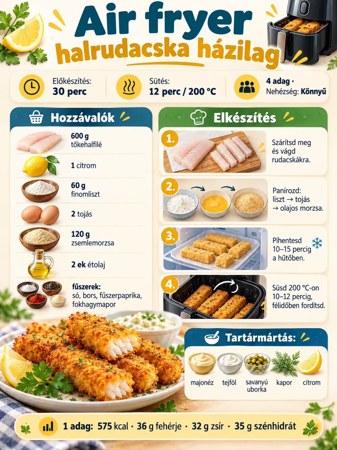 A házi air fryer halrudacska hozzávalóit, panírozását, sütési lépéseit és tápértékét bemutató infografika.