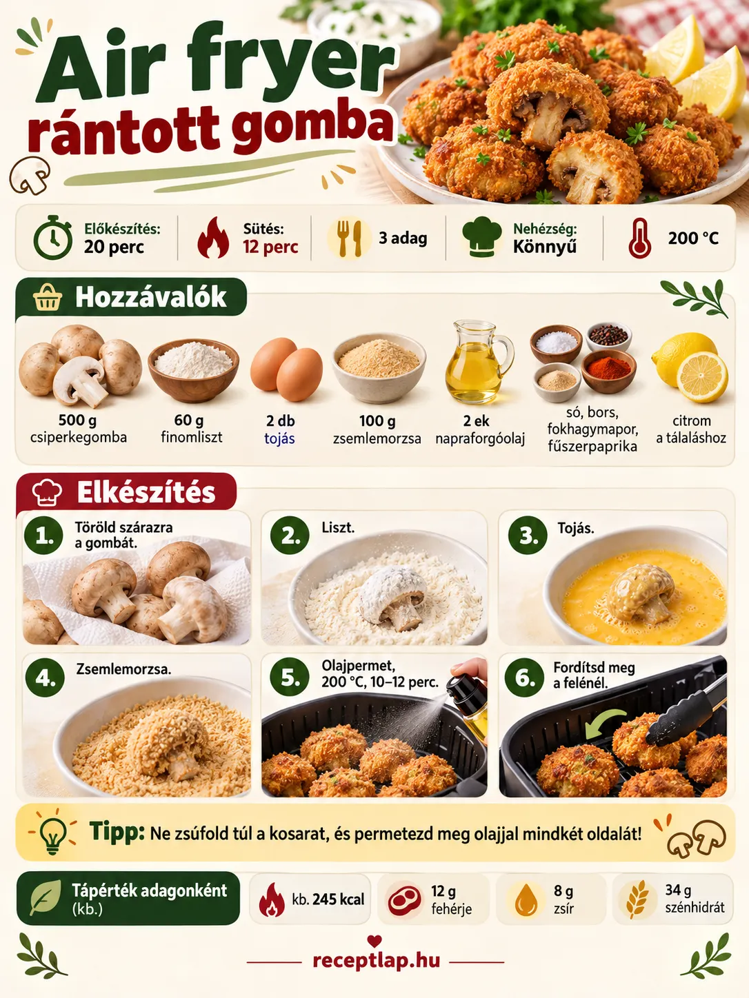 Az air fryer rántott gomba hozzávalóit, elkészítési lépéseit, sütési idejét és tápértékét bemutató infografika.