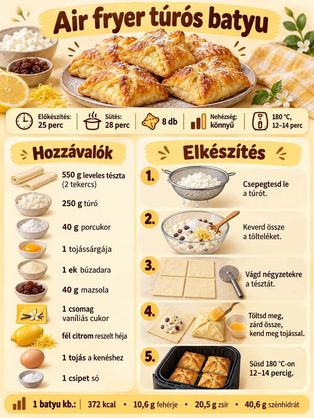 Az air fryer túrós batyu hozzávalóit, formázási és sütési lépéseit, idejét és tápértékét összefoglaló infografika.