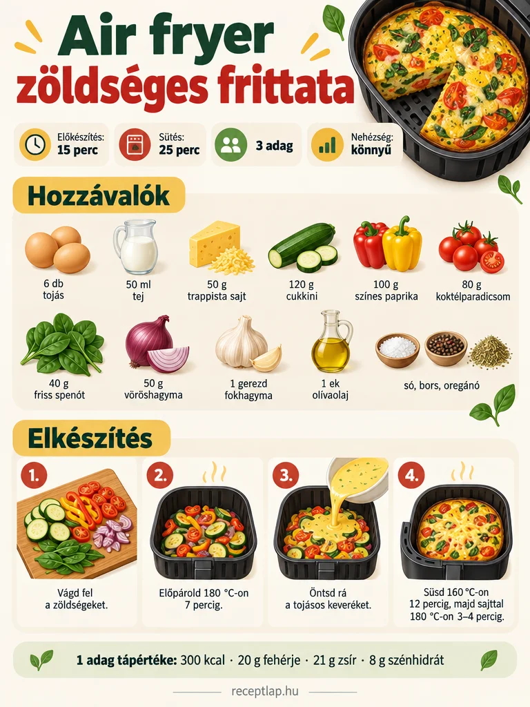 Az air fryer zöldséges frittata hozzávalóit, négy elkészítési lépését, idejét és tápértékét összefoglaló infografika.