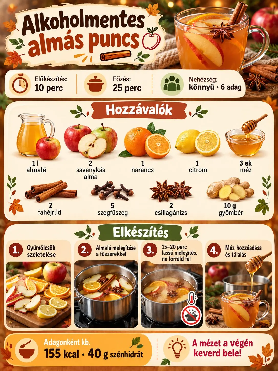 Alkoholmentes almás puncs receptinfografika a hozzávalókkal, az elkészítési lépésekkel, időigénnyel és adagonkénti tápértékkel.