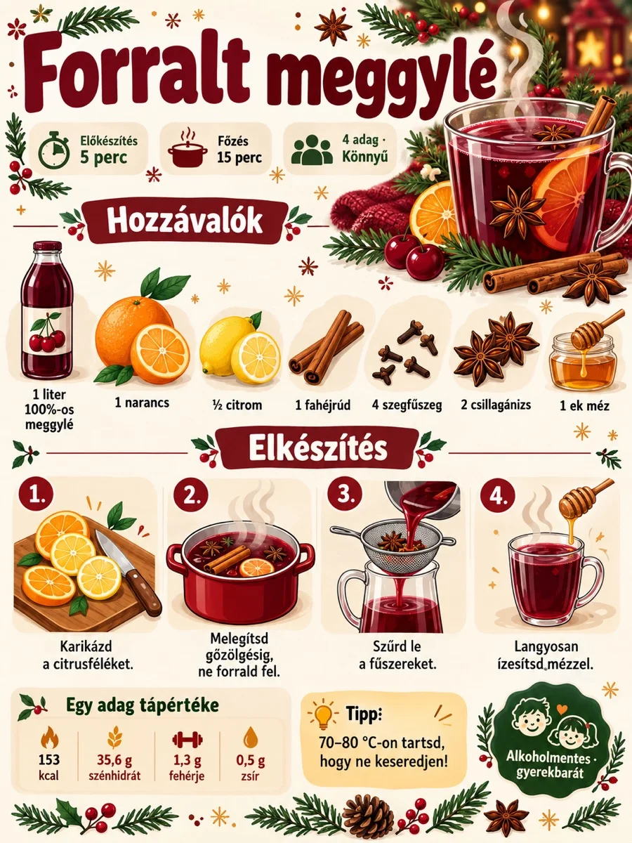 Alkoholmentes forralt meggylé fűszerekkel – hozzávalók és elkészítési lépések.