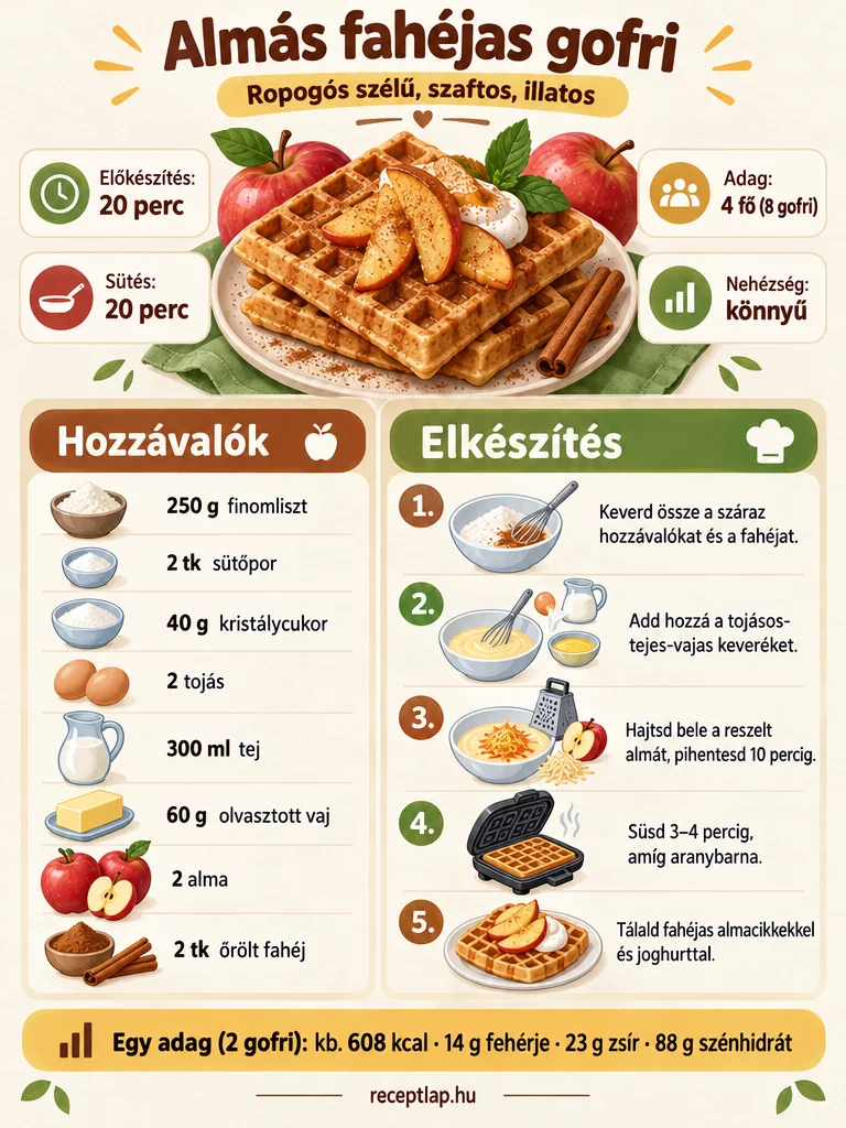 Almás fahéjas gofri receptinfografika a hozzávalókkal, öt elkészítési lépéssel, sütési idővel és adagonkénti tápértékkel.