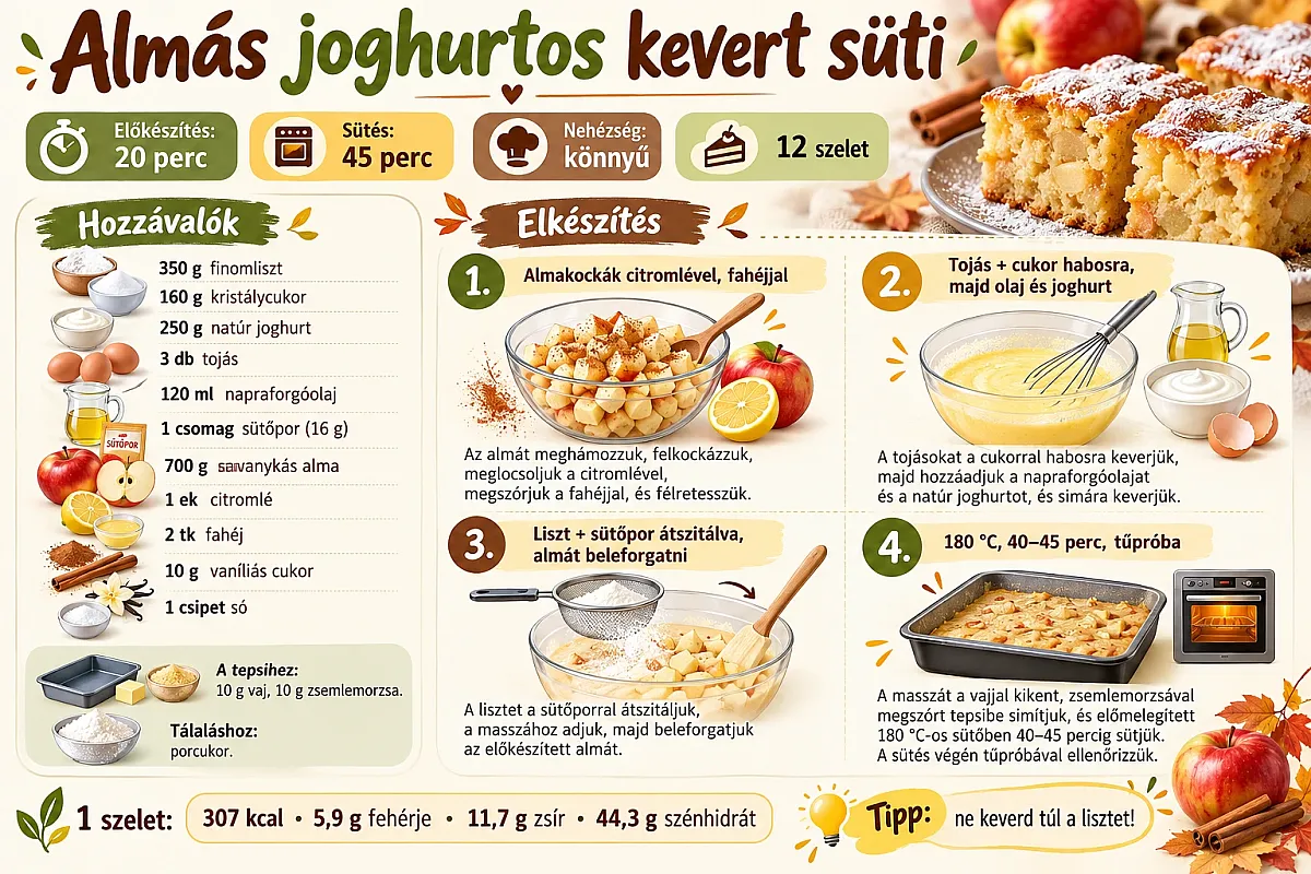 Almás joghurtos kevert süti infografika hozzávalókkal és négy elkészítési lépéssel: 20 perc előkészítés, 180 °C-on 40–45 perc sütés, 12 szelet; szeletenként 307 kcal.