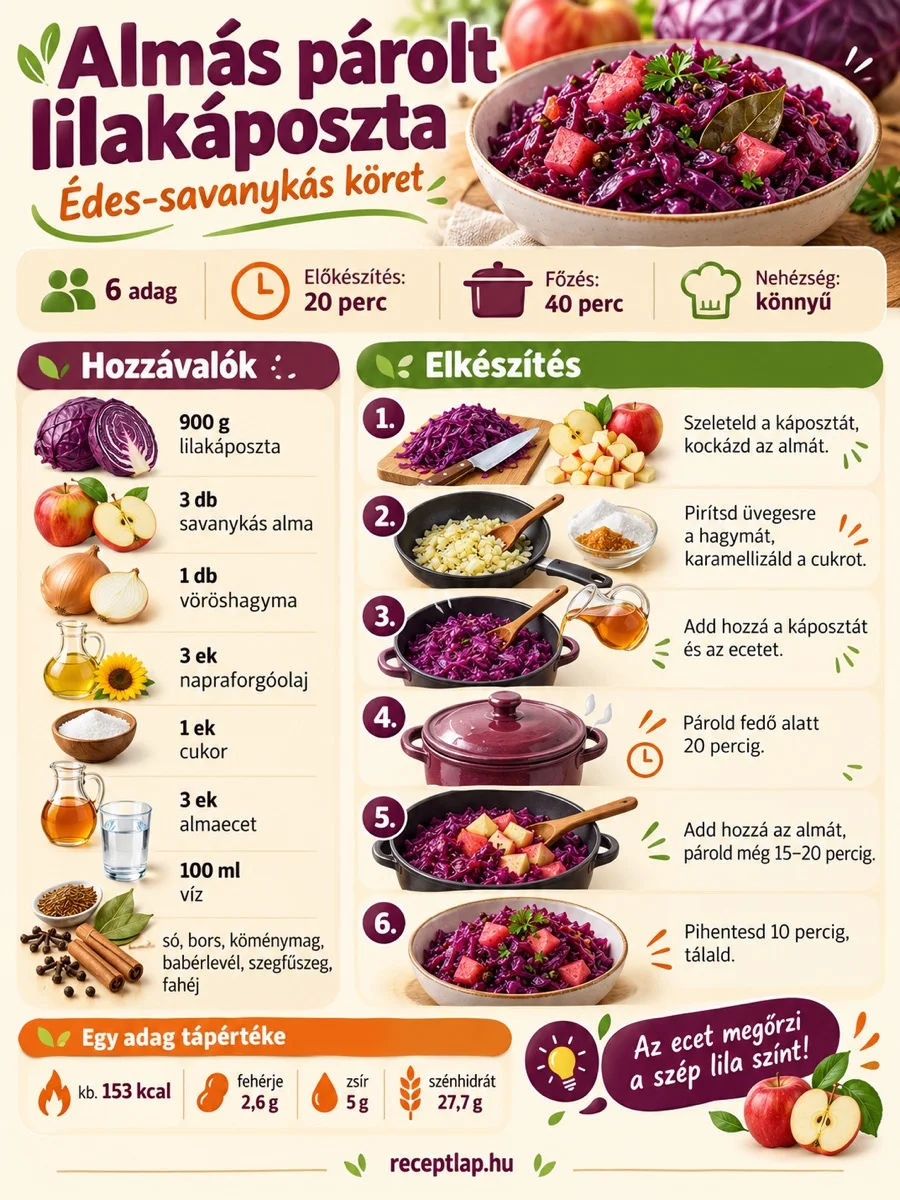Almás párolt lilakáposzta – hozzávalók és elkészítési lépések.