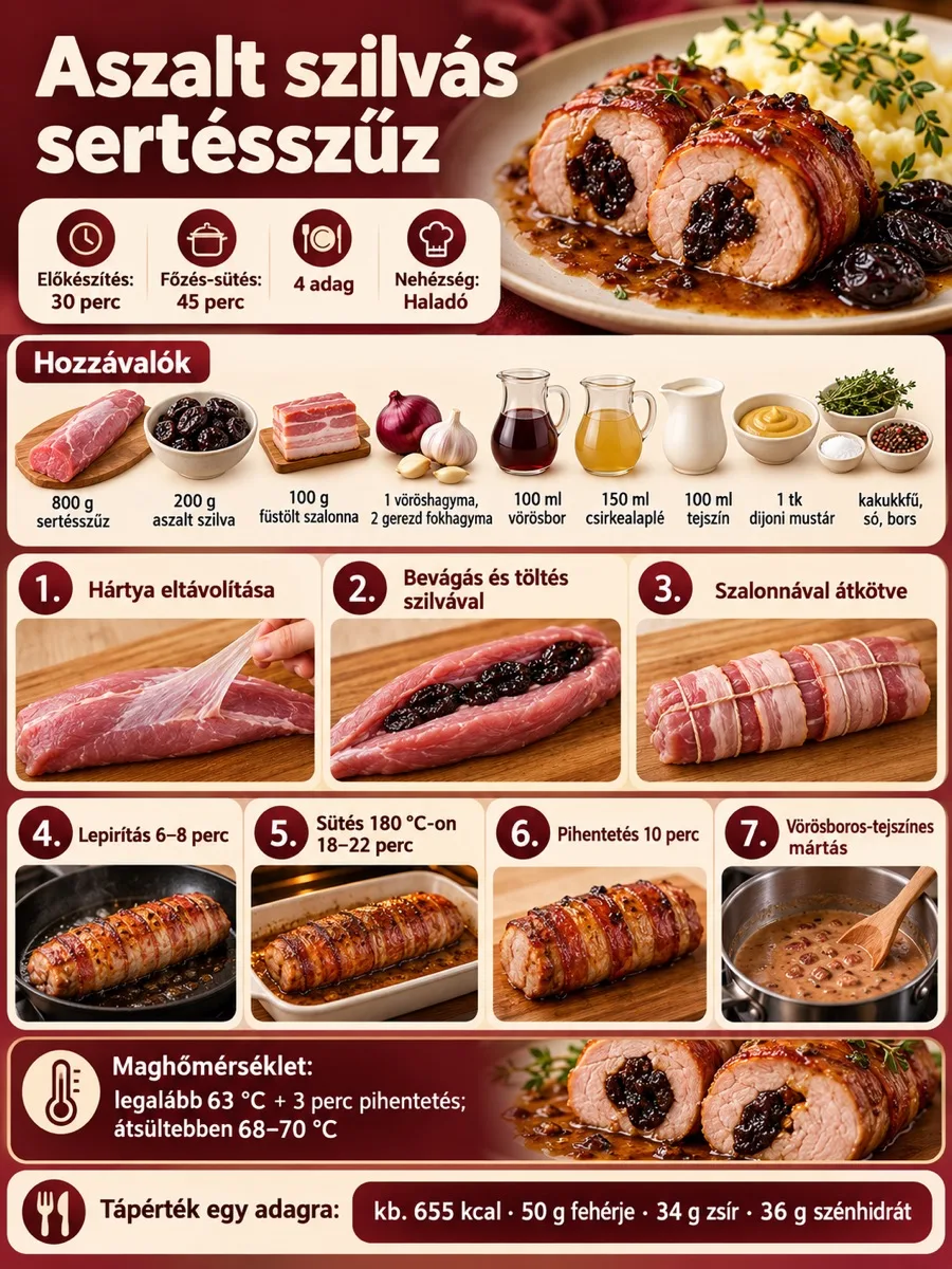 Aszalt szilvás sertésszűz infografika a töltés, lepirítás, 180 °C-os sütés, pihentetés és mártáskészítés lépéseivel.