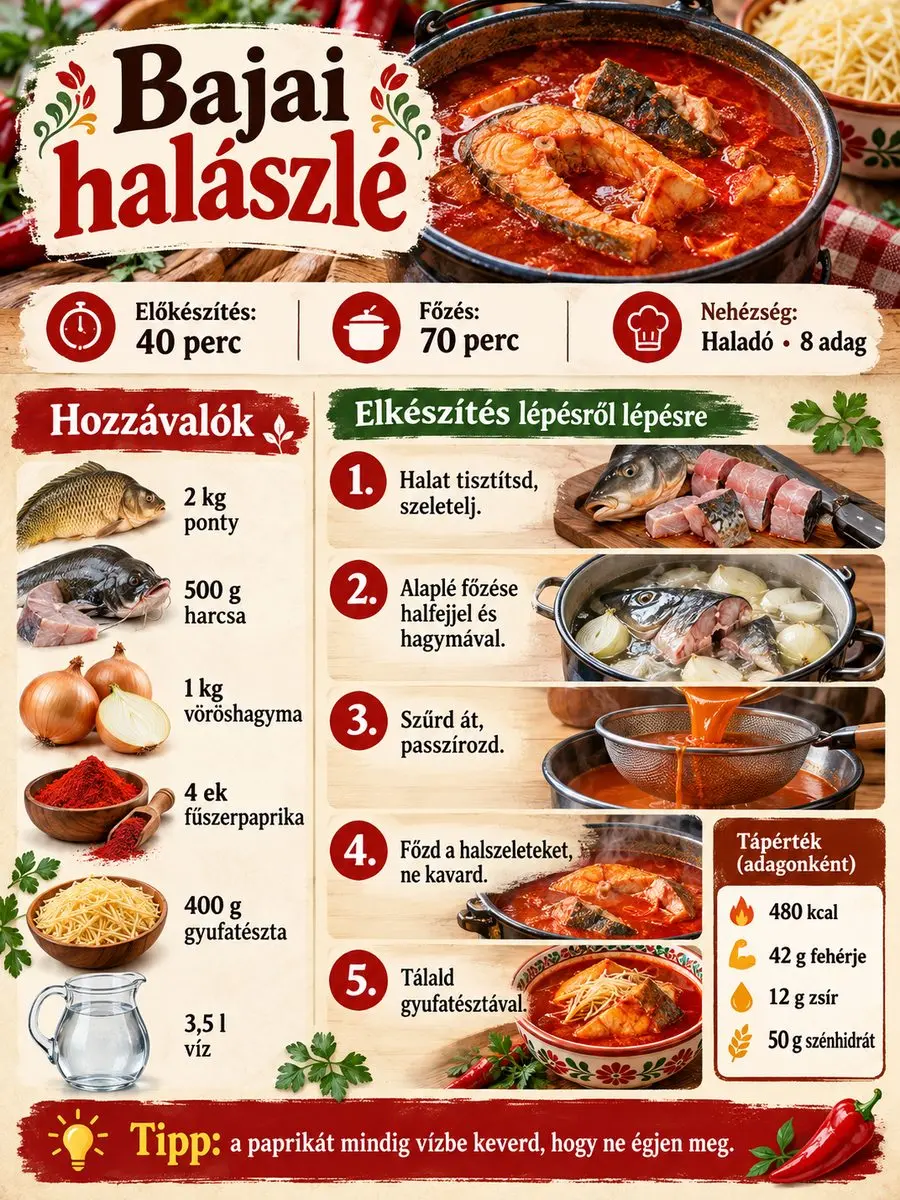 Bajai halászlé receptinfografika 8 adagra: hozzávalók ponttyal, harcsával és gyufatésztával, öt elkészítési lépés, 40 perc előkészítés és 70 perc főzés, adagonkénti tápértékkel.