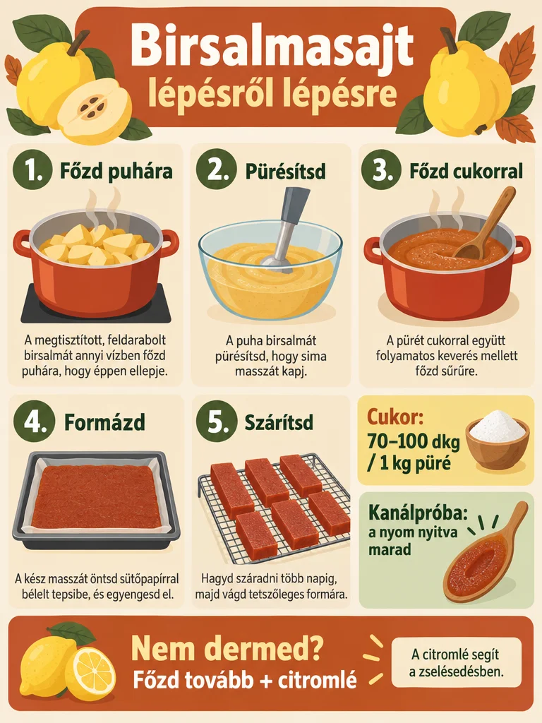Birsalmasajt receptinfografika: öt lépés a főzéstől a szárításig, 70–100 dkg cukor egy kiló pürére, kanálpróba és tipp arra az esetre, ha nem dermed meg.