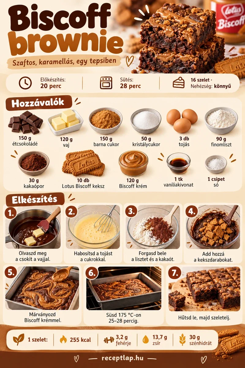 Biscoff brownie infografika: hozzávalók, hét elkészítési lépés, 20 perc előkészítés, 25–28 perc sütés és 16 szelet, szeletenként 255 kcal.