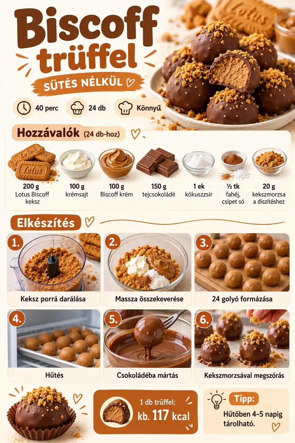 Biscoff trüffel infografika hozzávalókkal és hat lépéssel: 40 perc aktív munka, 24 darab, darabonként kb. 117 kcal; hűtőben 4–5 napig tárolható.