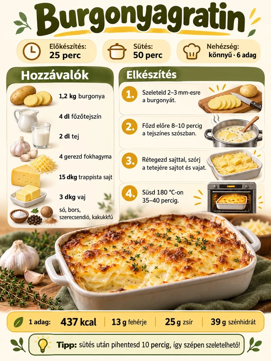 Burgonyagratin recept – krémes, sajtos, tejszínes – hozzávalók és elkészítési lépések.