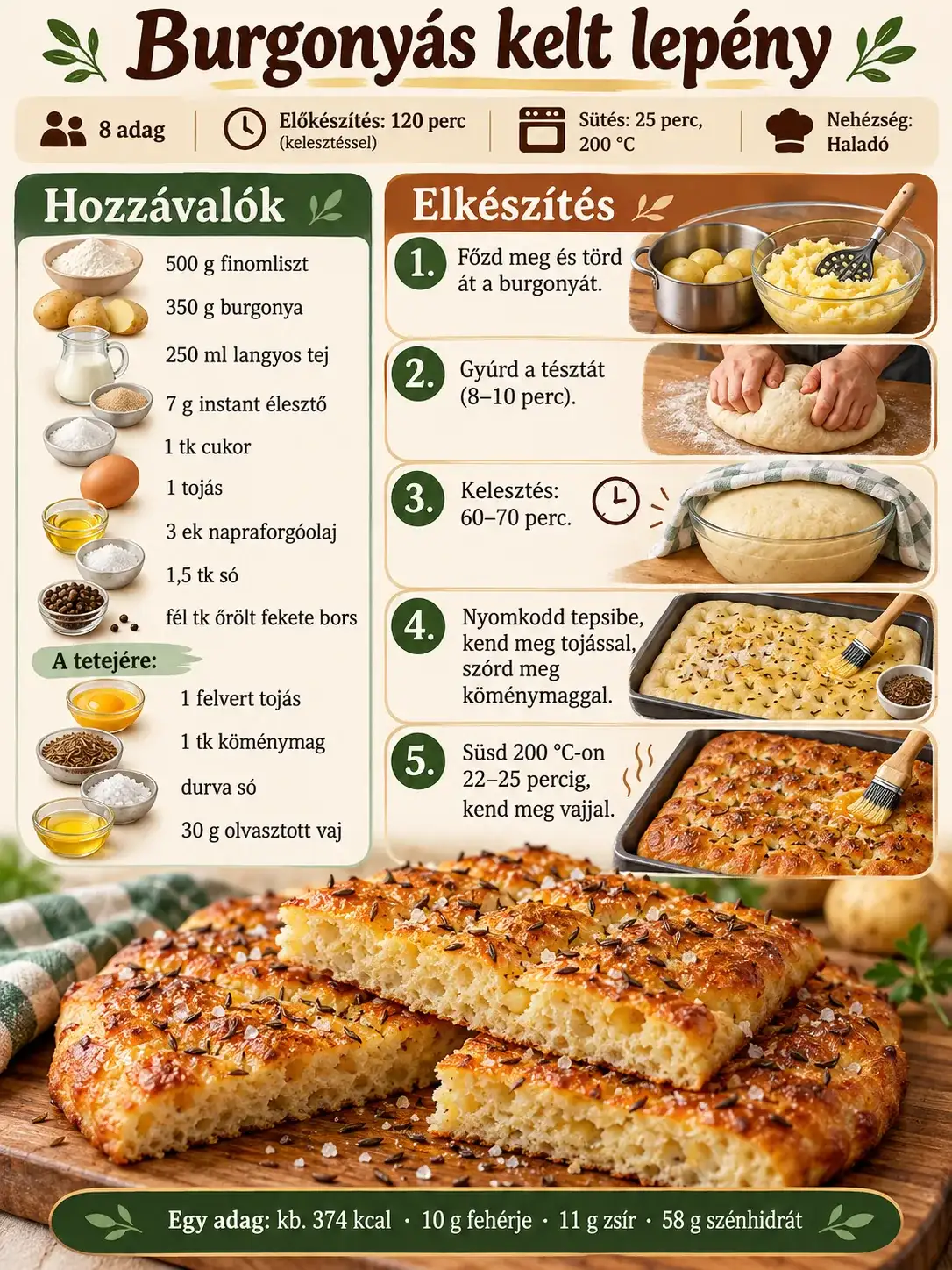 Burgonyás kelt lepény – hozzávalók, elkészítési lépések és adagonkénti tápérték.