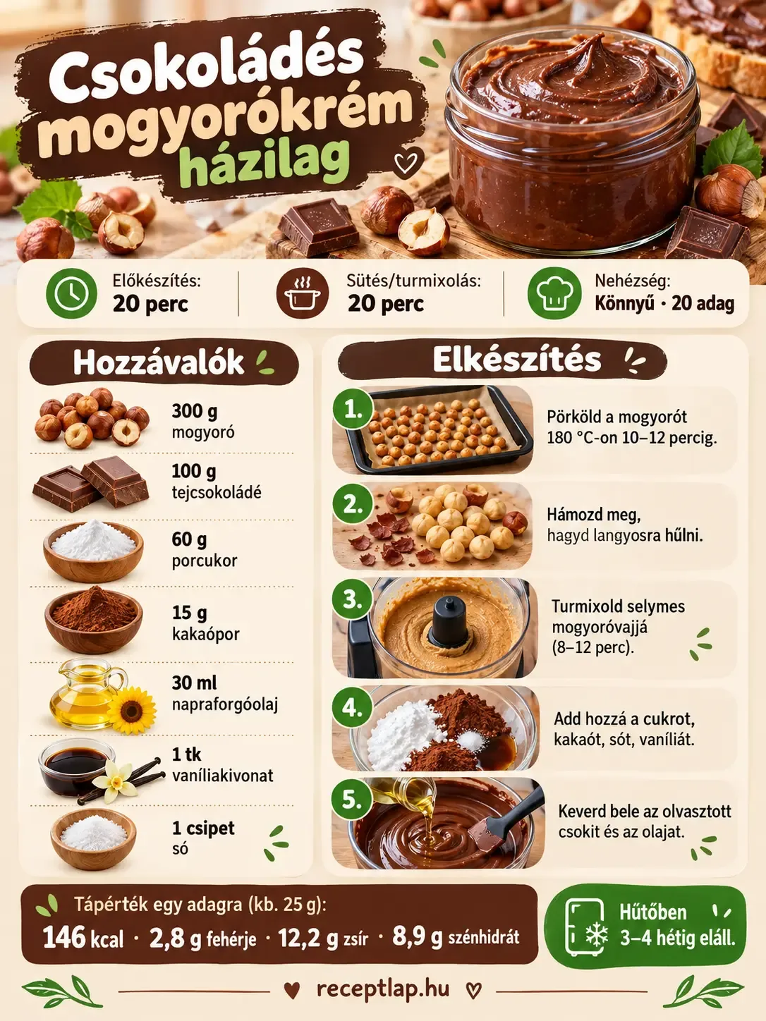 Csokoládés mogyorókrém házilag – receptinfografika a hozzávalókkal, elkészítési lépésekkel, időigénnyel és adagonkénti tápértékkel.