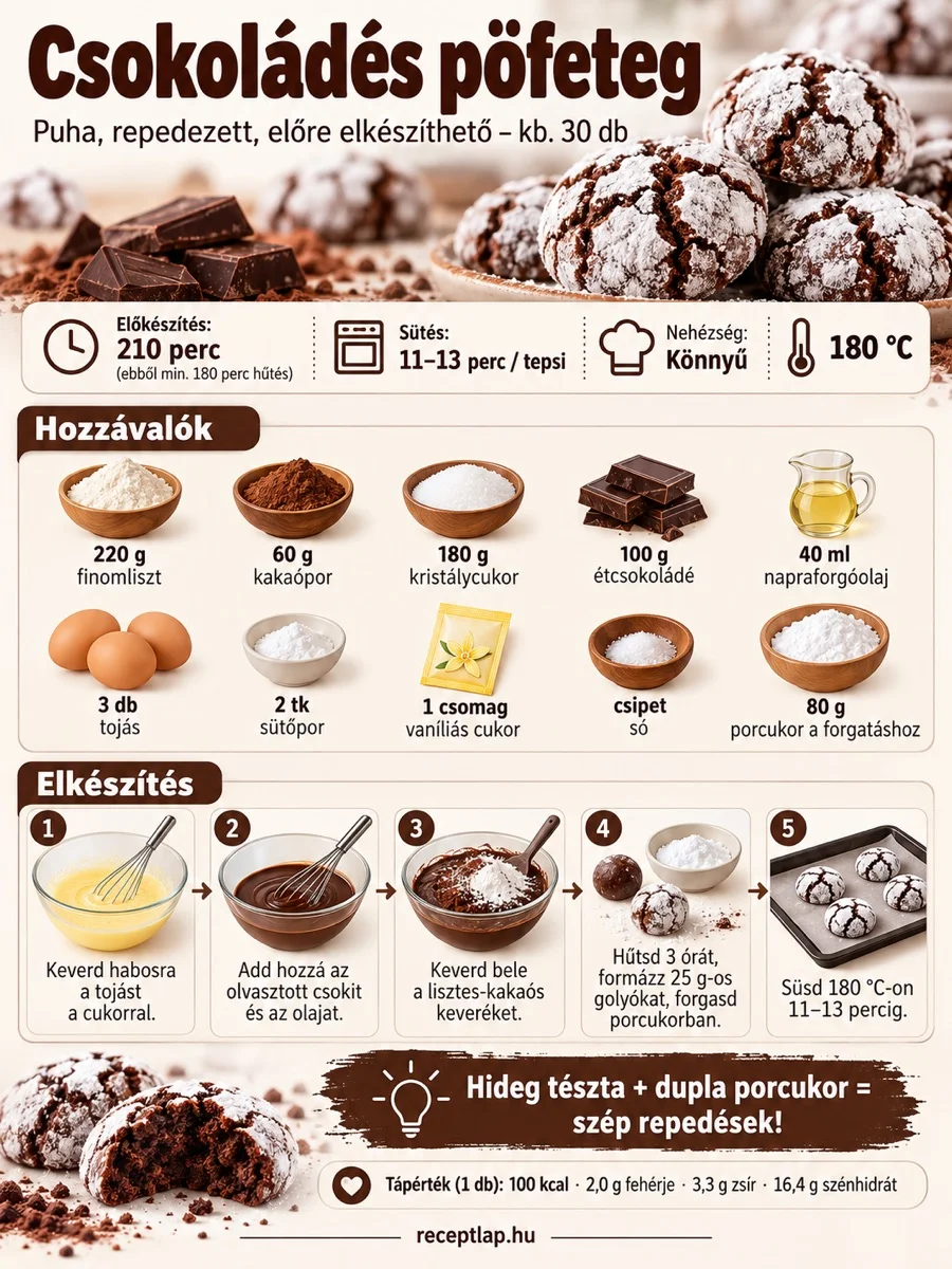 Csokoládés pöfeteg receptinfografika: hozzávalók, 3 óra hűtés, 25 grammos golyók formázása és 11–13 perc sütés 180 °C-on.