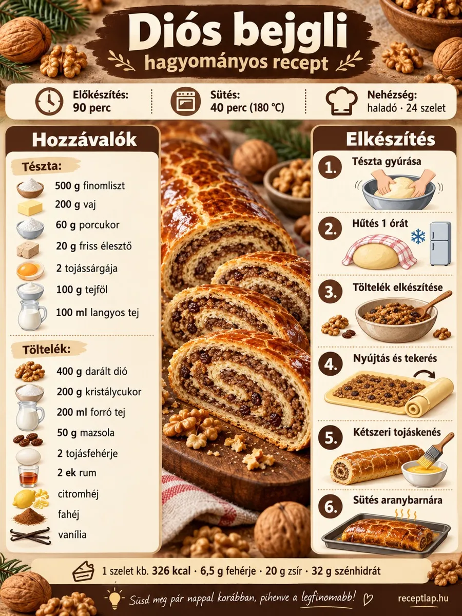 Diós bejgli receptinfografika a tészta és a töltelék hozzávalóival, hat elkészítési lépéssel, sütési idővel és szeletenkénti tápértékkel.