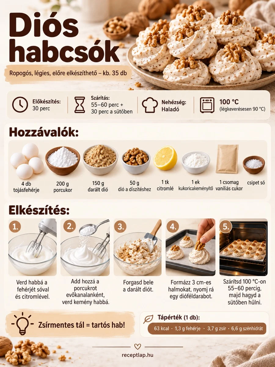 Diós habcsók infografika hozzávalókkal, habverési és formázási lépésekkel, valamint 100 °C-os szárítással és sütőben hűtéssel.