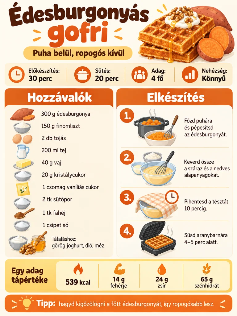 Édesburgonyás gofri receptinfografika a hozzávalókkal, négy elkészítési lépéssel, sütési idővel és adagonkénti tápértékkel.