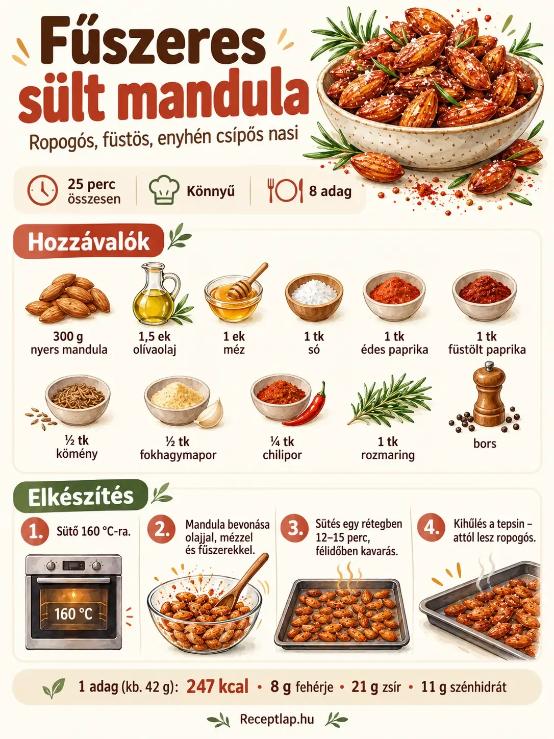 Fűszeres sült mandula – ropogós, füstös és enyhén csípős nasi – receptinfografika a hozzávalókkal, elkészítési lépésekkel, időigénnyel és adagonkénti tápértékkel.