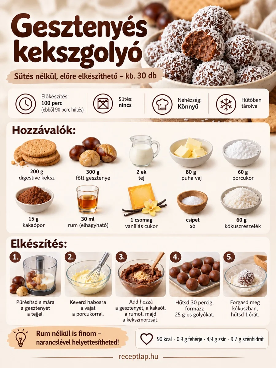 Gesztenyés kekszgolyó receptinfografika sütés nélkül, hozzávalókkal, öt lépéssel és összesen 90 perc hűtéssel.