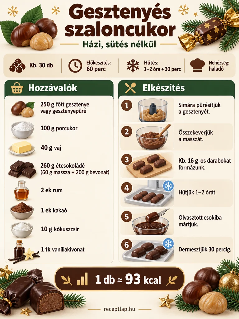 Gesztenyés szaloncukor infografika: hozzávalók, hat elkészítési lépés, kb. 30 db, 1–2 óra hűtés és darabonként kb. 93 kcal.