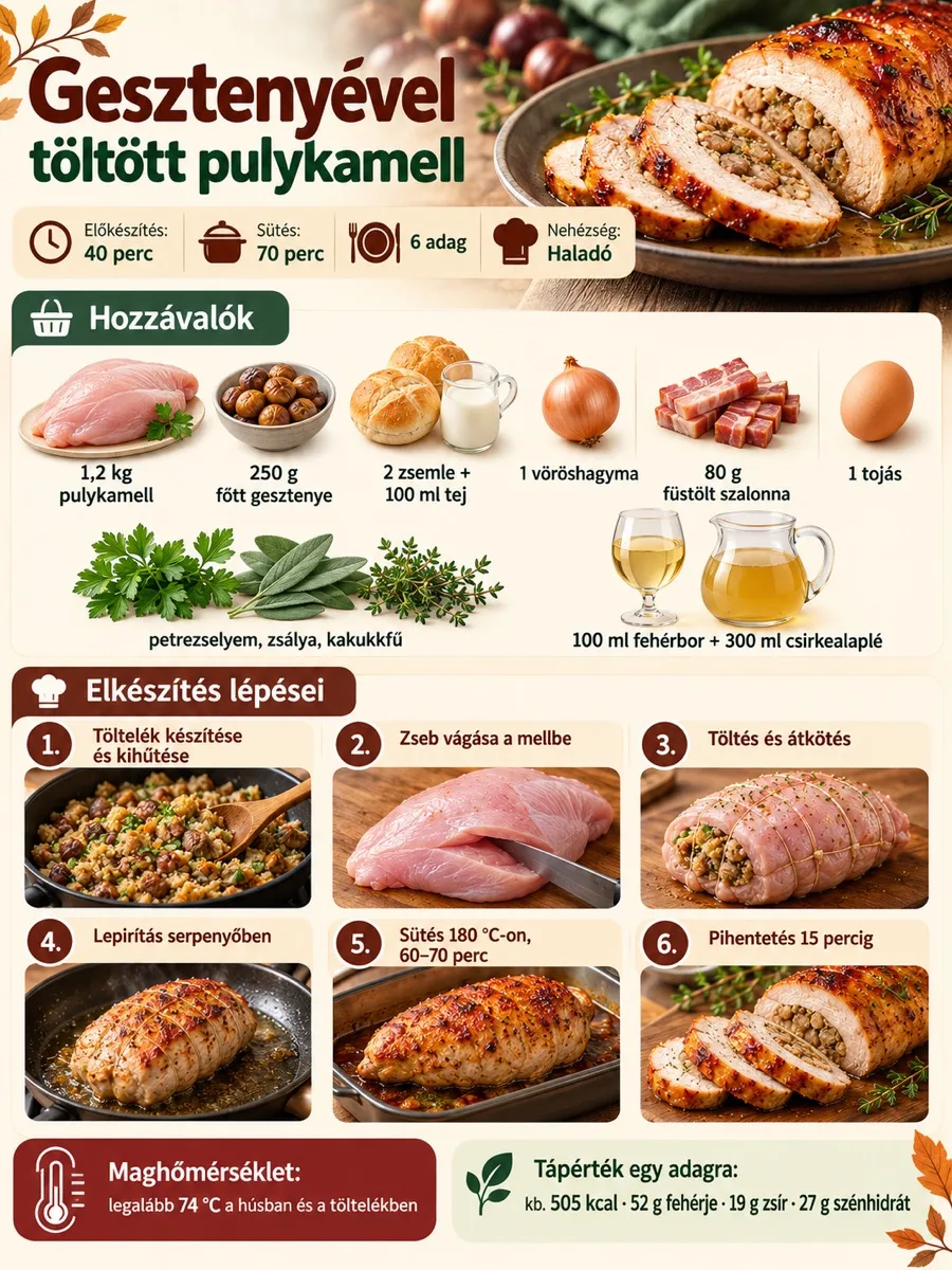 Gesztenyével töltött pulykamell infografika a töltelék készítésével, töltéssel, 180 °C-os sütéssel és legalább 74 °C-os maghőmérséklettel.