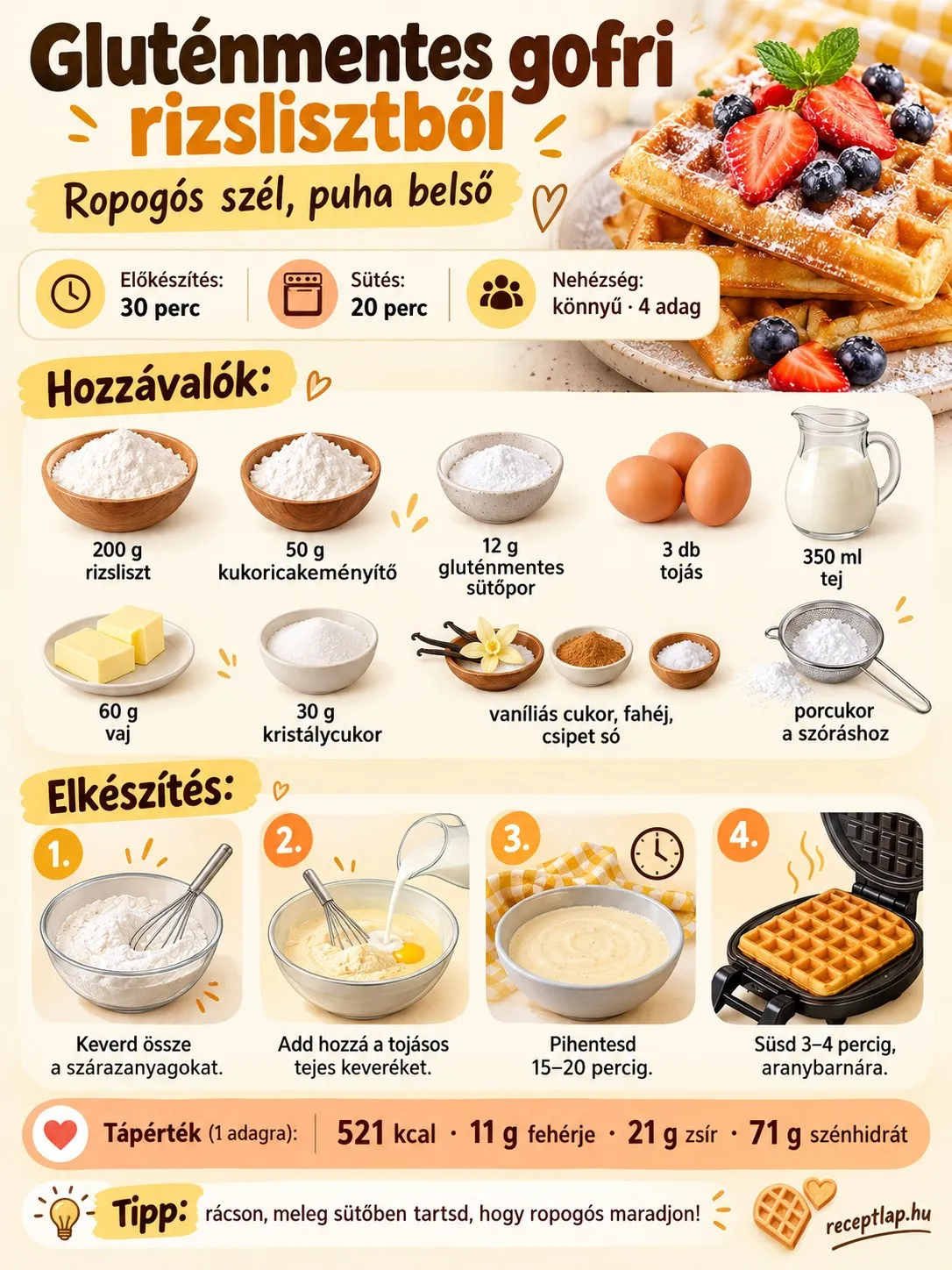 Gluténmentes gofri rizslisztből receptinfografika a hozzávalókkal, elkészítési lépésekkel, sütési idővel és adagonkénti tápértékkel.