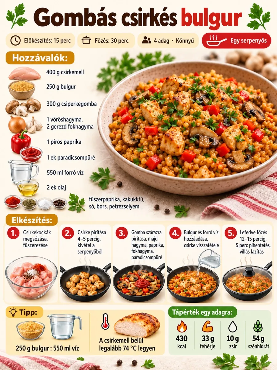 Gombás csirkés bulgur hozzávalói és öt elkészítési lépése, 250 g bulgur és 550 ml víz aránnyal, valamint legalább 74 °C-os csirkemell-maghővel.