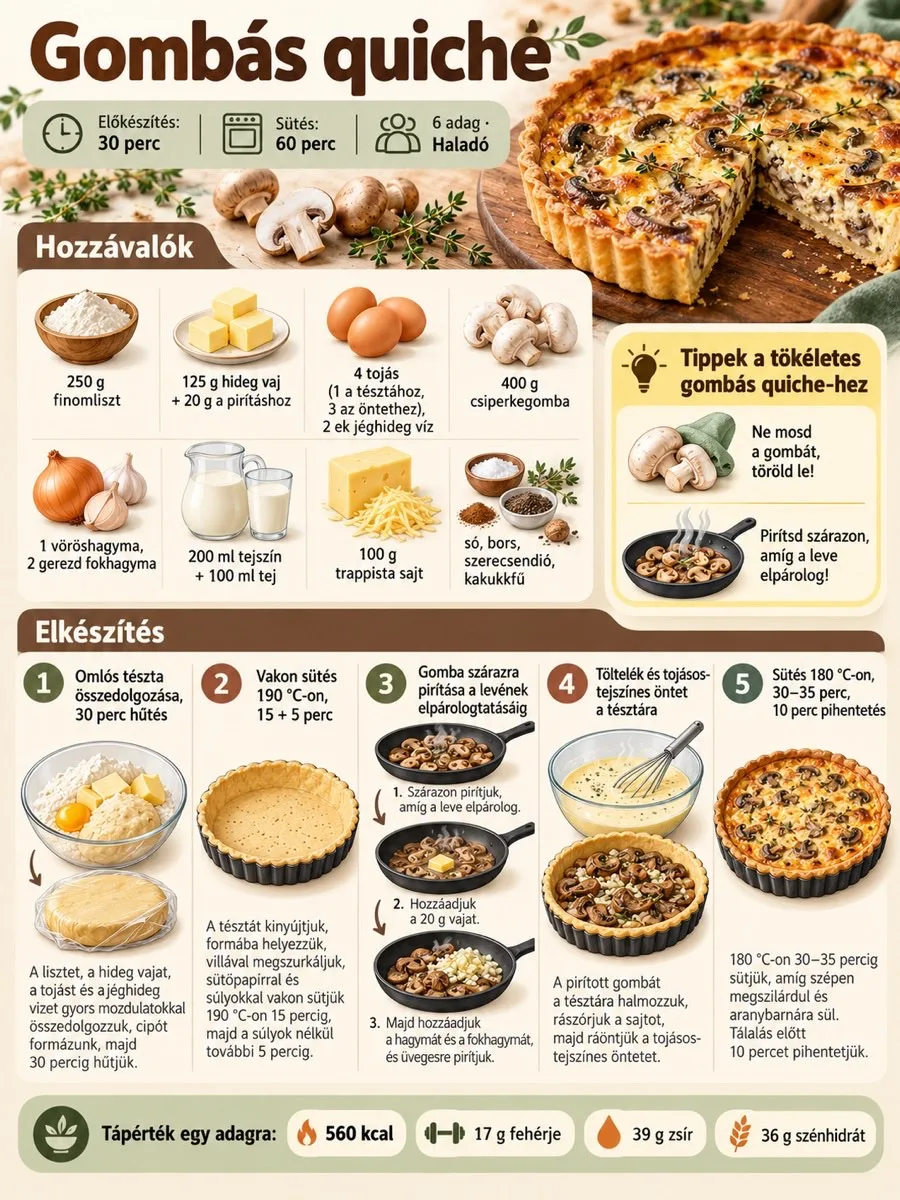 Gombás quiche receptinfografika hozzávalókkal, 30 perc hűtéssel, 190 °C-os vakon sütéssel és 180 °C-os készre sütéssel.