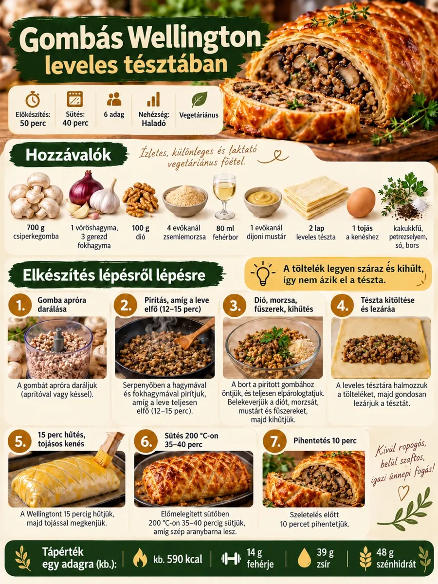 Gombás Wellington receptinfografika hozzávalókkal, hét elkészítési lépéssel, 200 °C-os sütéssel és a töltelék kihűtésére vonatkozó tippel.