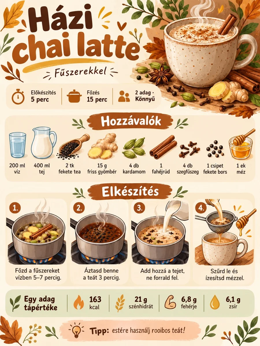 Házi chai latte fűszerekkel – hozzávalók és elkészítési lépések.