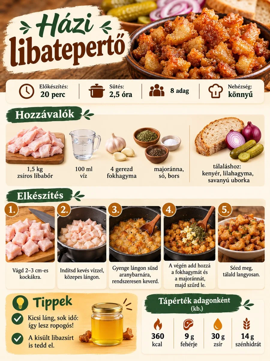 Házi libatepertő infografika 1,5 kg zsíros libabőrből, hozzávalókkal, a lassú kisütés lépéseivel és tálalási tippekkel.