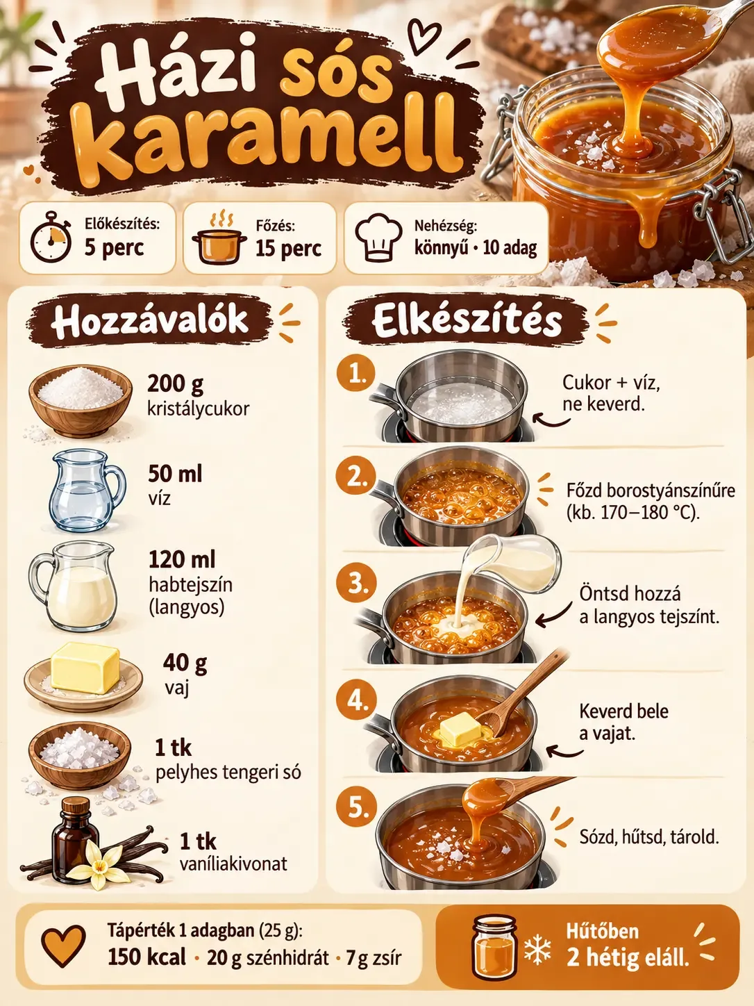 Házi sós karamell recept – receptinfografika a hozzávalókkal, elkészítési lépésekkel, időigénnyel és adagonkénti tápértékkel.