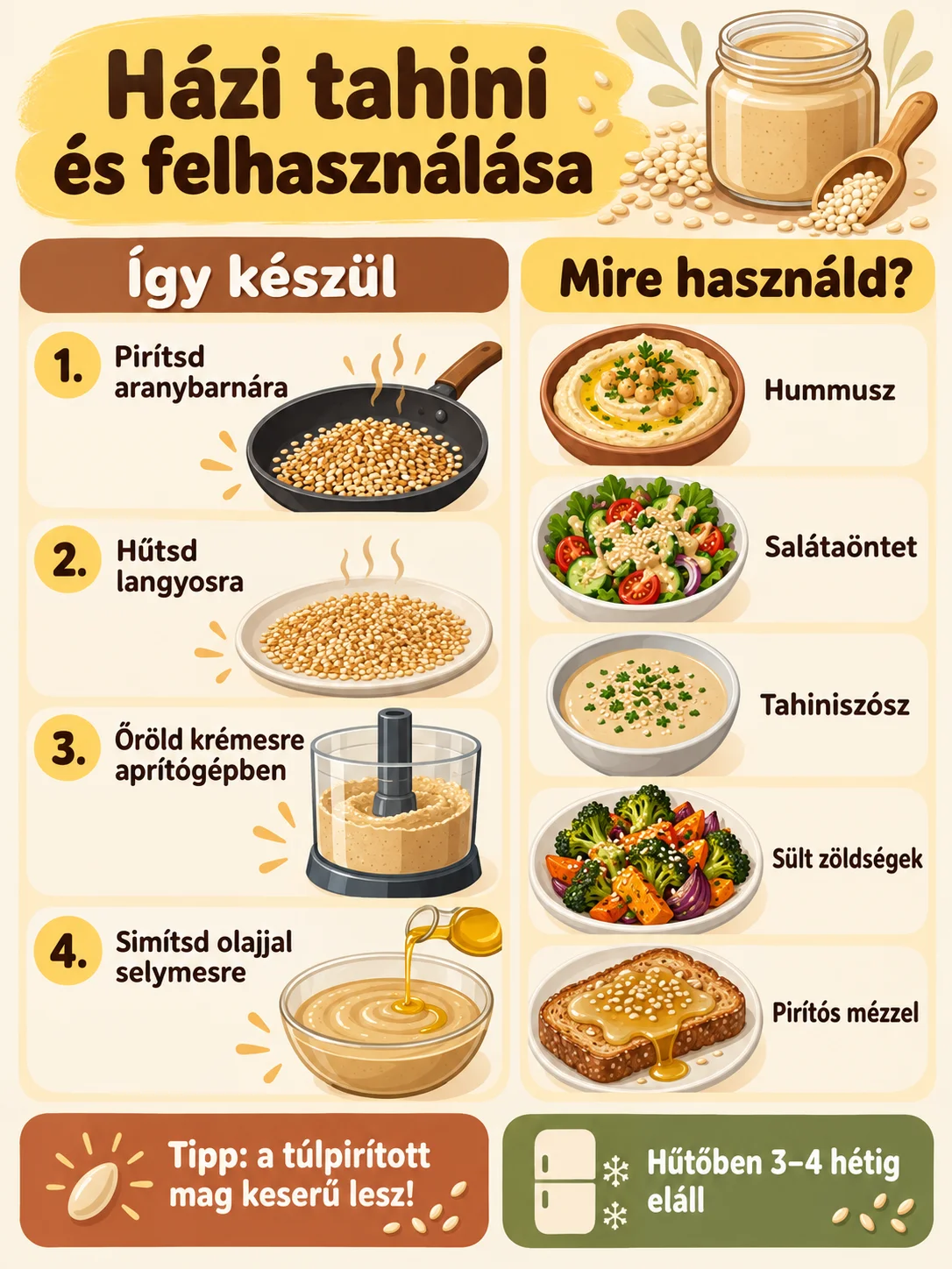 A házi tahini elkészítésének négy lépését, felhasználási módjait és tárolási tanácsait bemutató infografika.
