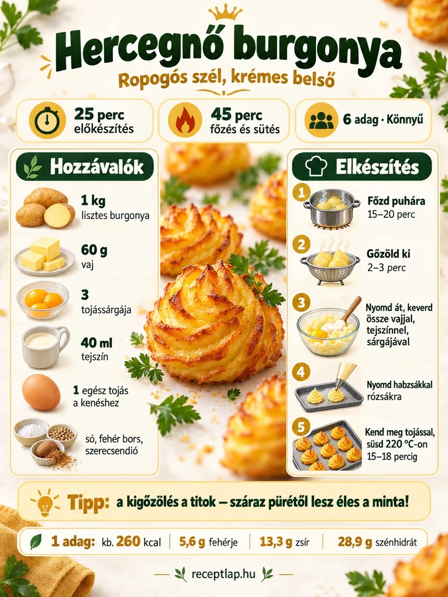 Hercegnő burgonya – ropogós szélű, krémes burgonyarózsa – hozzávalók és elkészítési lépések.