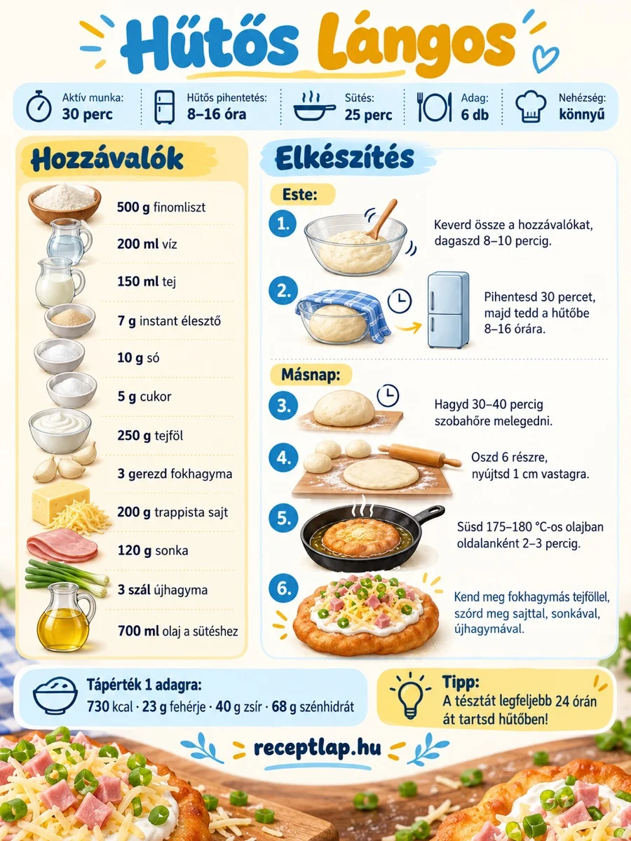 Hűtős lángos infografika az esti dagasztás, 8–16 órás hűtés és másnapi sütés lépéseivel, hozzávalókkal és tárolási tippel.