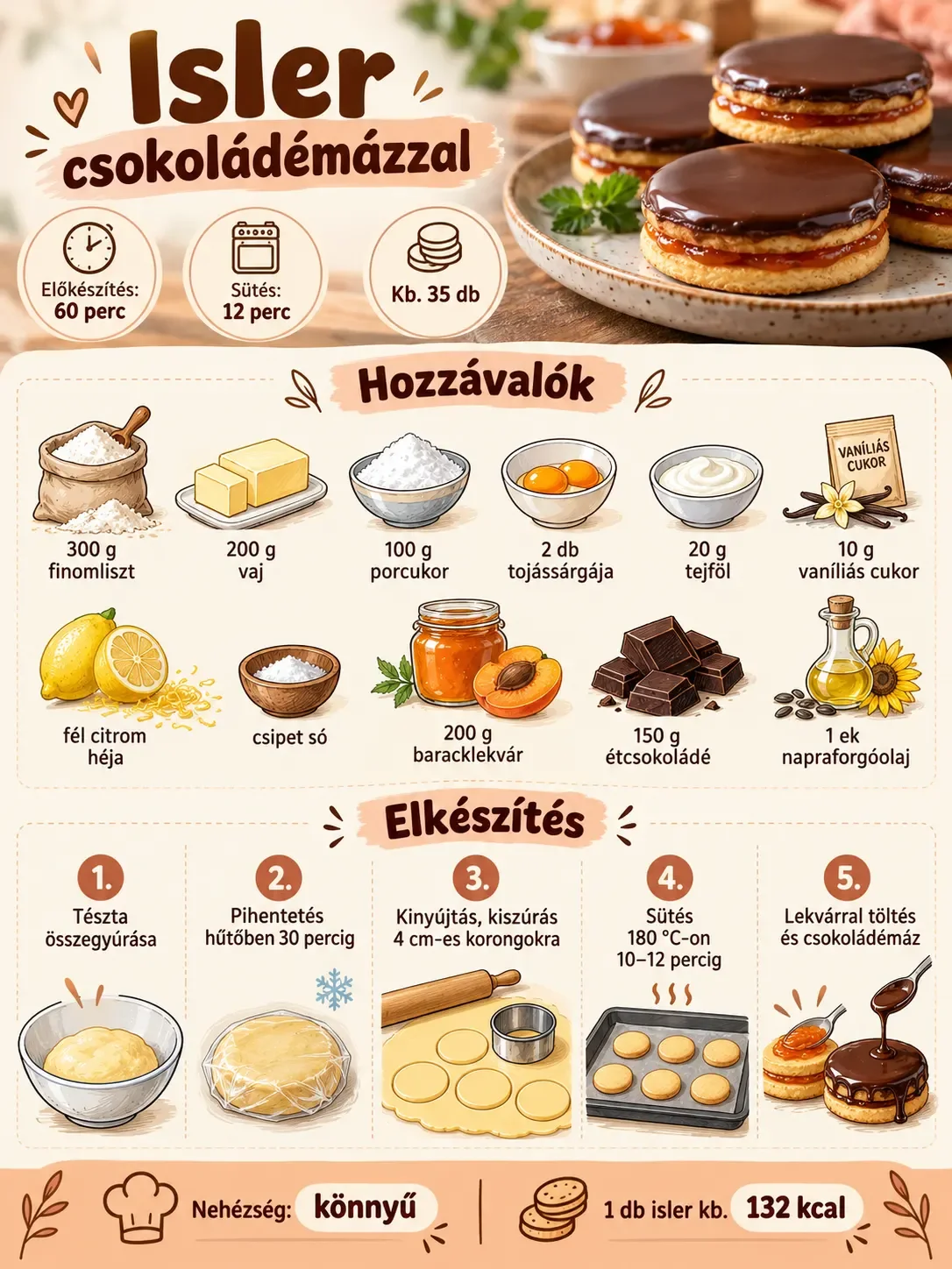 Isler csokoládémázzal – receptinfografika a hozzávalókkal, elkészítési lépésekkel, sütési idővel és tápértékkel.
