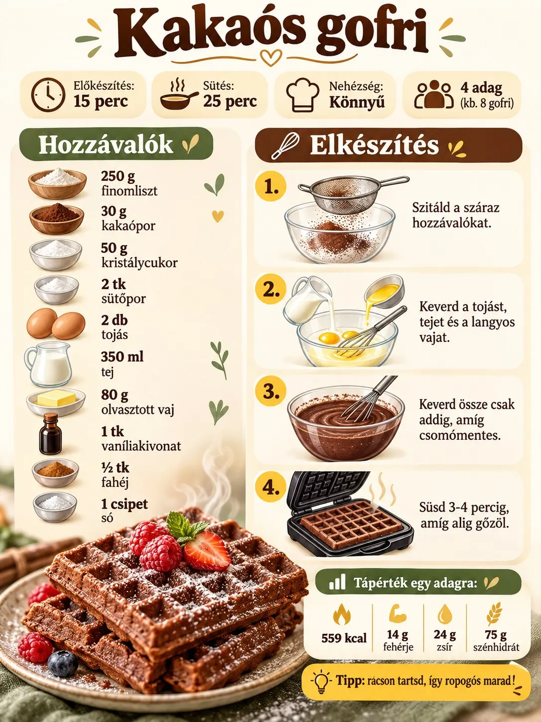 Kakaós gofri receptinfografika a hozzávalókkal, elkészítési lépésekkel, sütési idővel és adagonkénti tápértékkel.