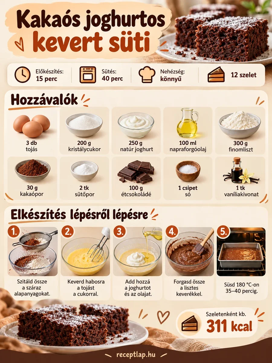 Kakaós joghurtos kevert süti infografika a hozzávalókkal, az elkészítés lépéseivel, sütési idővel és szeletenkénti tápértékkel.