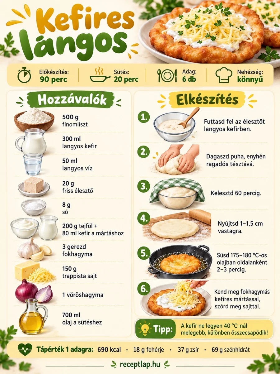 Kefires lángos receptinfografika hozzávalókkal, dagasztási és kelesztési lépésekkel, valamint 175–180 °C-os olajban sütéssel.
