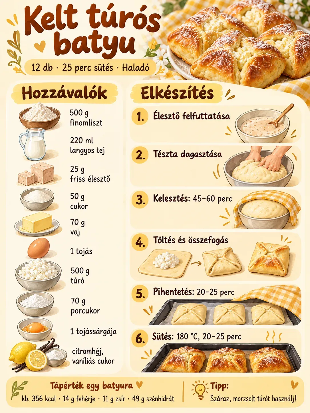 Kelt túrós batyu – hozzávalók, elkészítési lépések és adagonkénti tápérték.