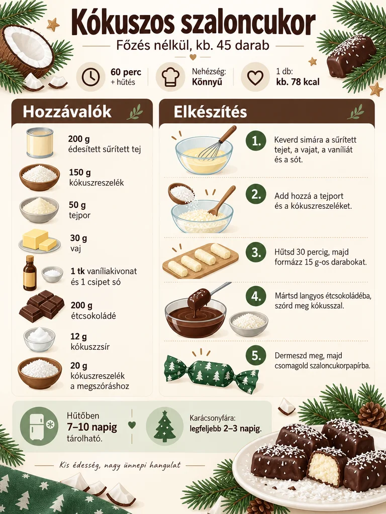 Kókuszos szaloncukor infografika: hozzávalók, öt elkészítési lépés, az idők, a tárolás és az egy darabra jutó tápérték.