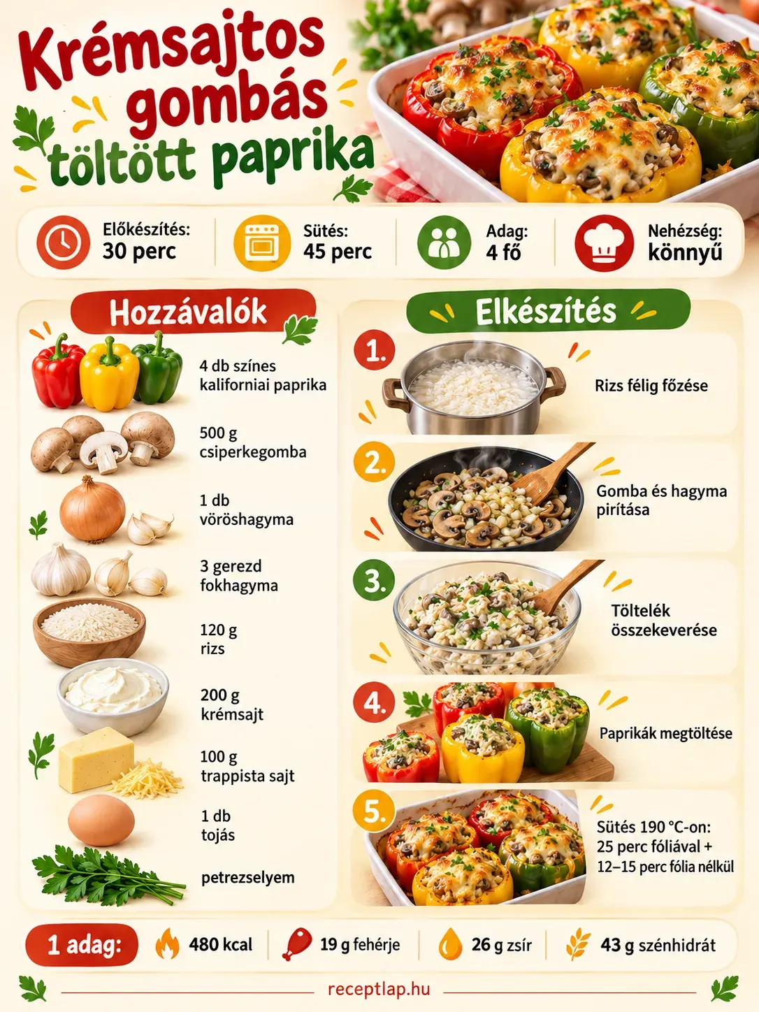 Krémsajtos gombás töltött paprika – hozzávalók, elkészítési lépések és adagonkénti tápérték.