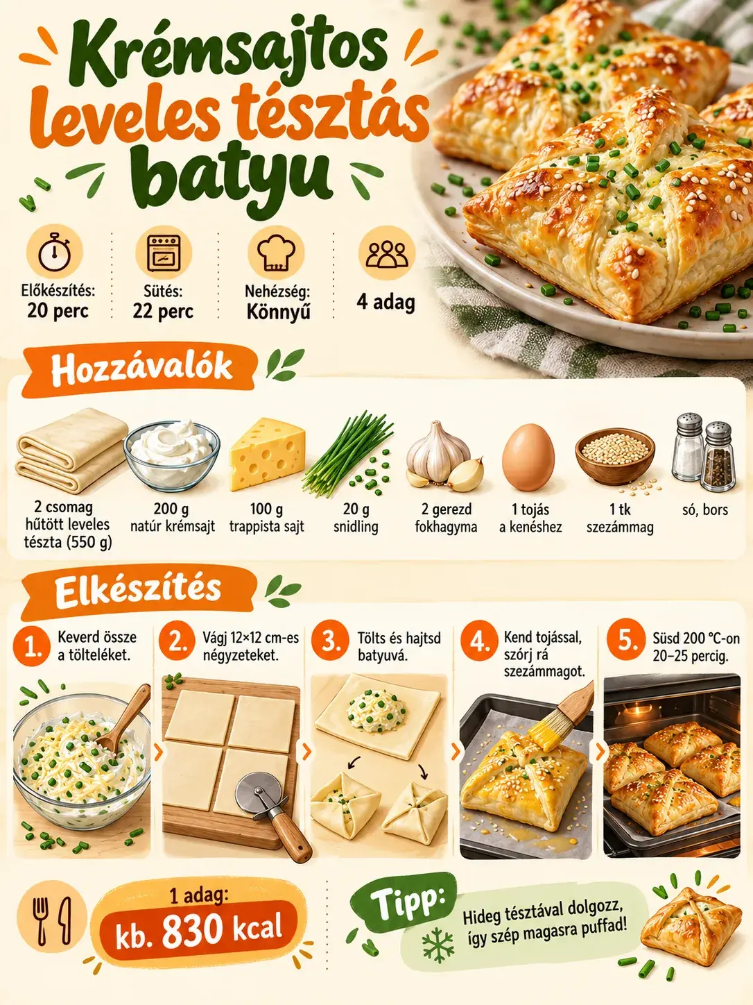 Krémsajtos leveles tésztás batyu – hozzávalók, elkészítés és tápérték.