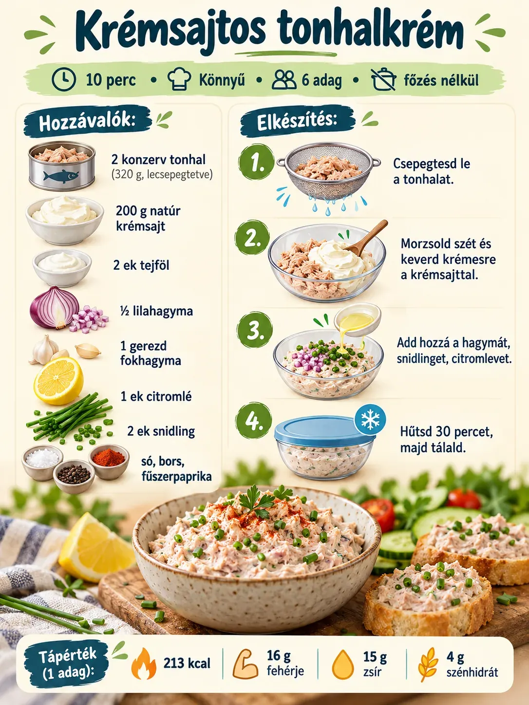 Krémsajtos tonhalkrém recept – hozzávalók, elkészítés és tápérték.